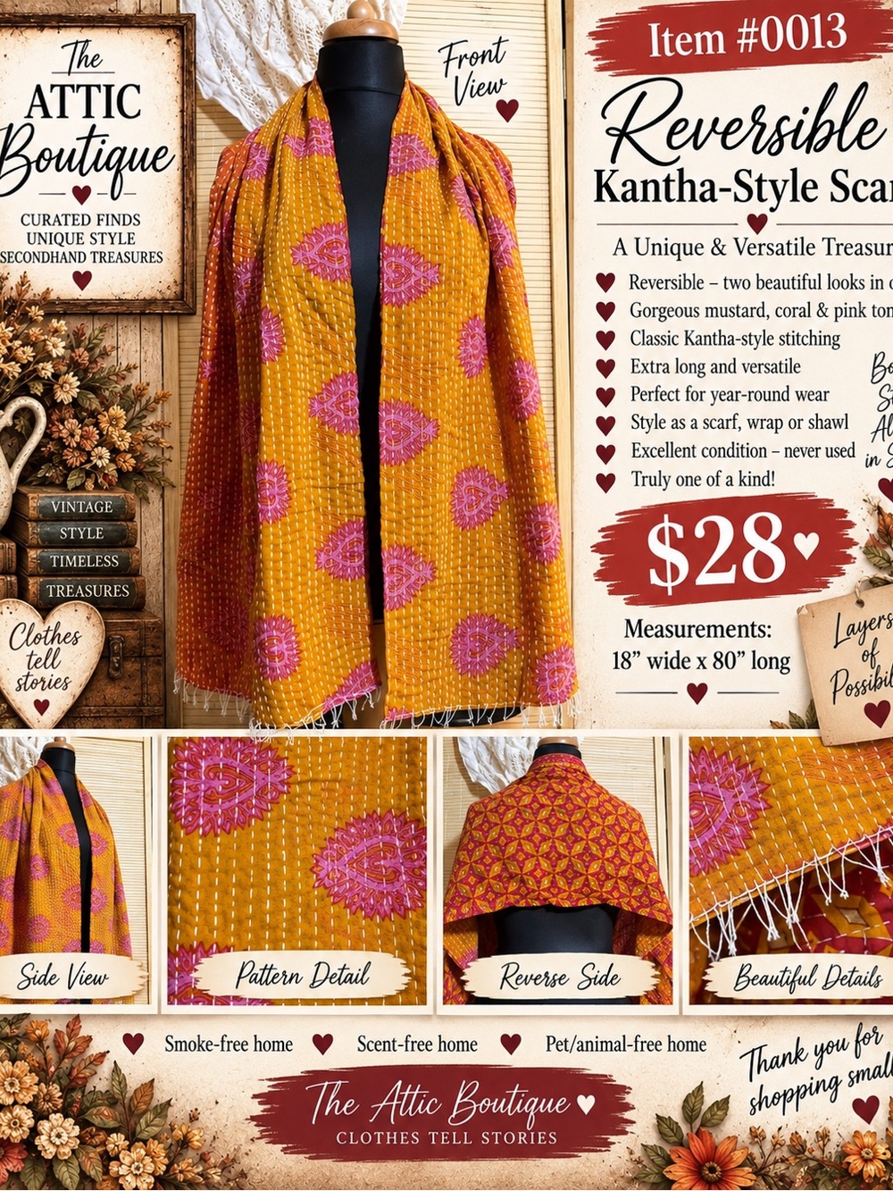 The Attic Boutique Reversible Kantha-Style Scarf in Mustard & Pink
